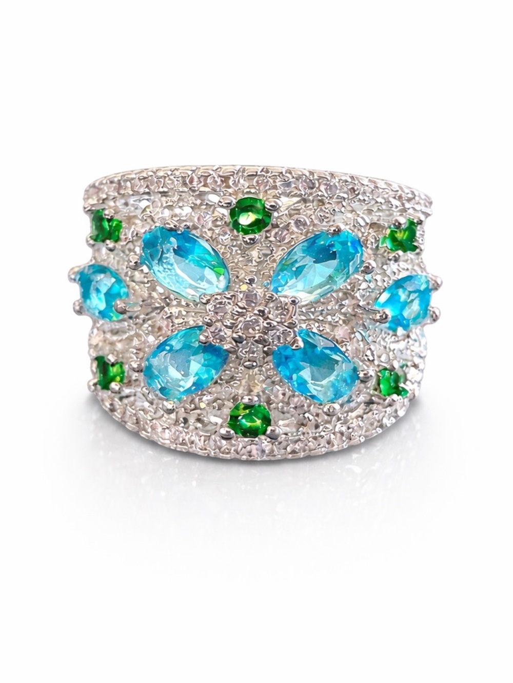 925 Silver Blue Green Zircon Statement Ring